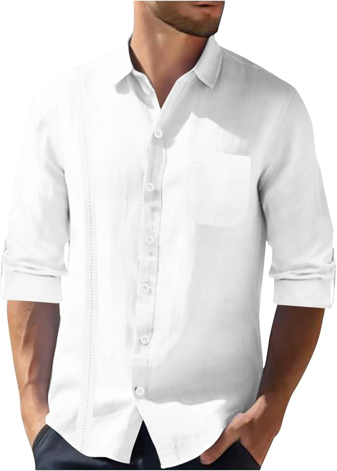 Linen Button Down Shirt Men Long Sleeve Solid Cotton Beach Tees with Pocket Loose Comfy Basic Summer Dress Shirts