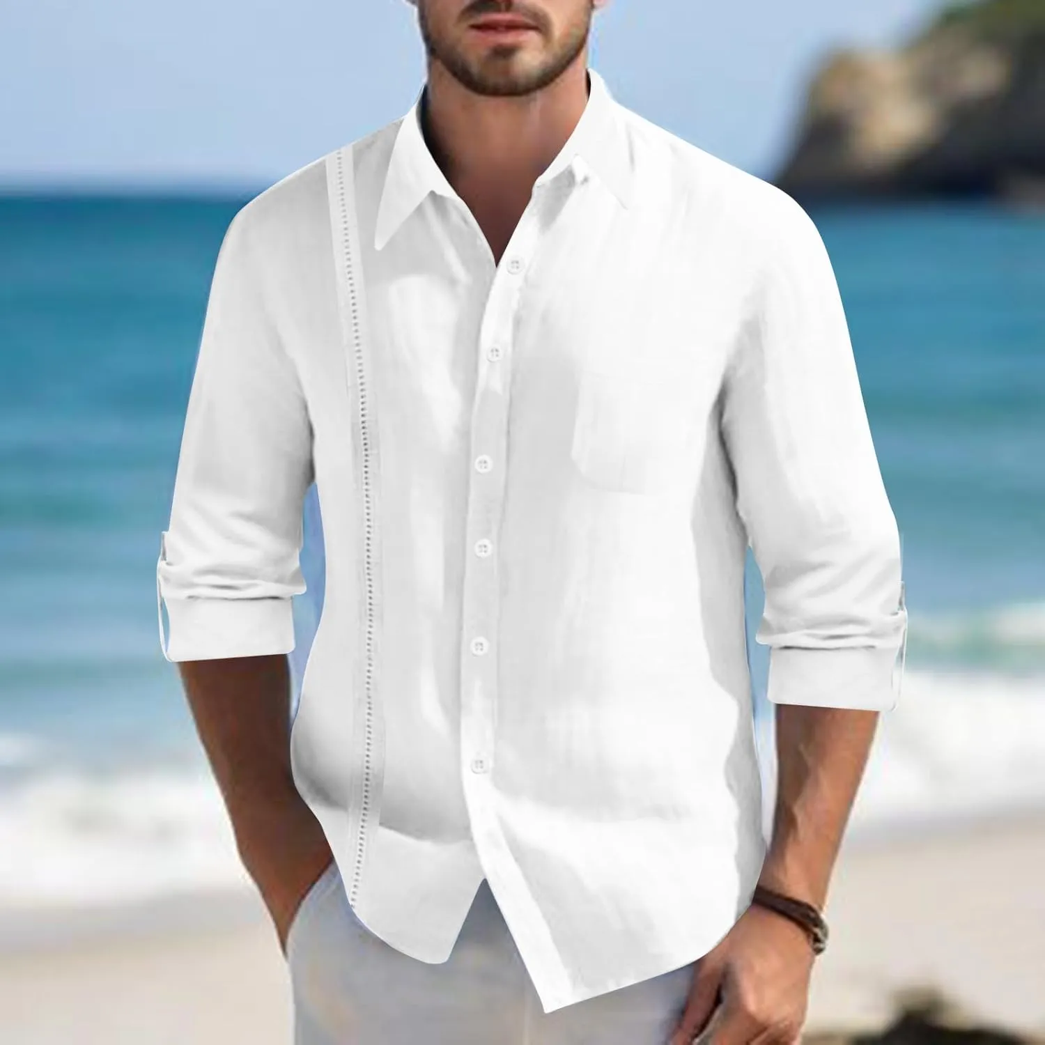 Linen Button Down Shirt Men Long Sleeve Solid Cotton Beach Tees with Pocket Loose Comfy Basic Summer Dress Shirts