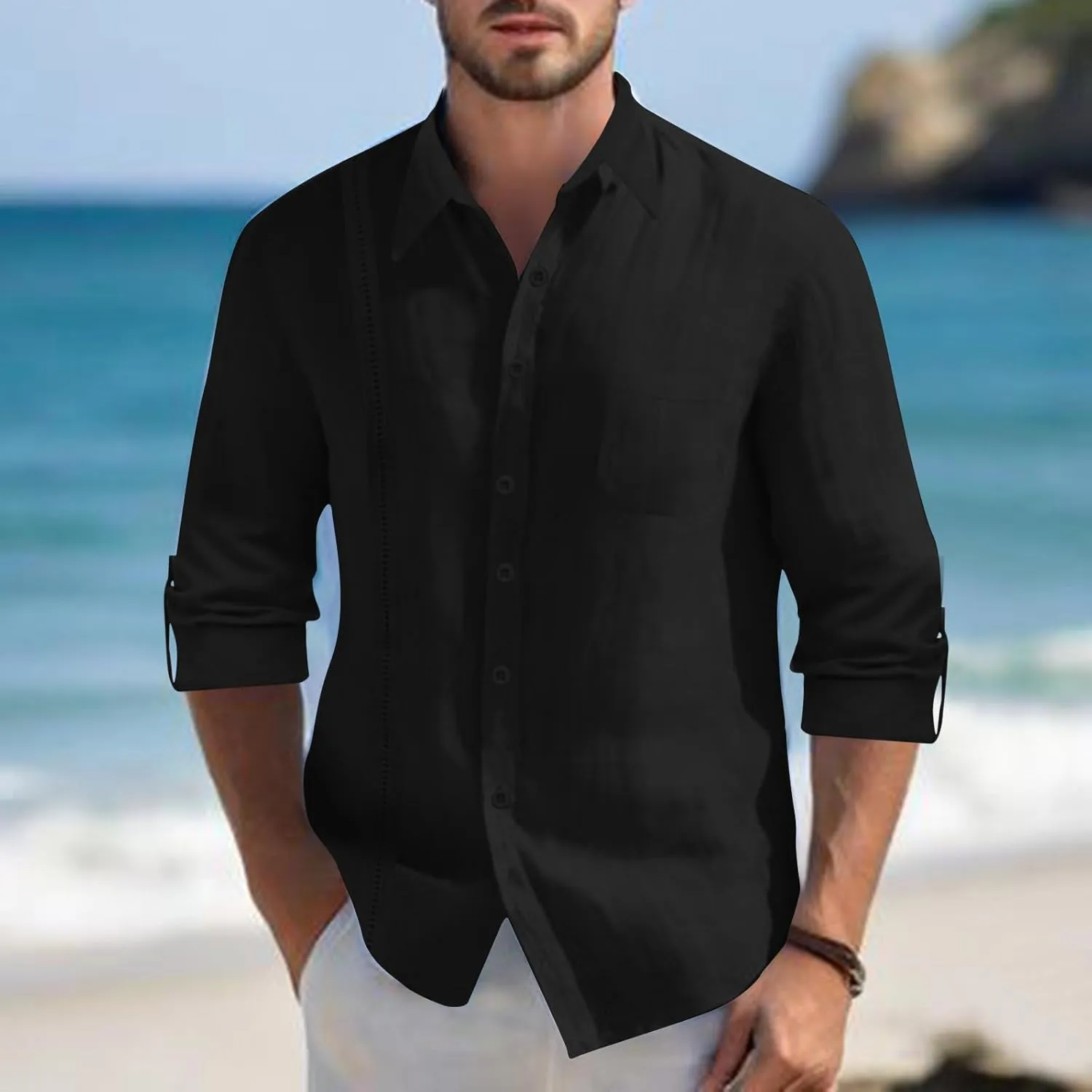 Linen Button Down Shirt Men Long Sleeve Solid Cotton Beach Tees with Pocket Loose Comfy Basic Summer Dress Shirts