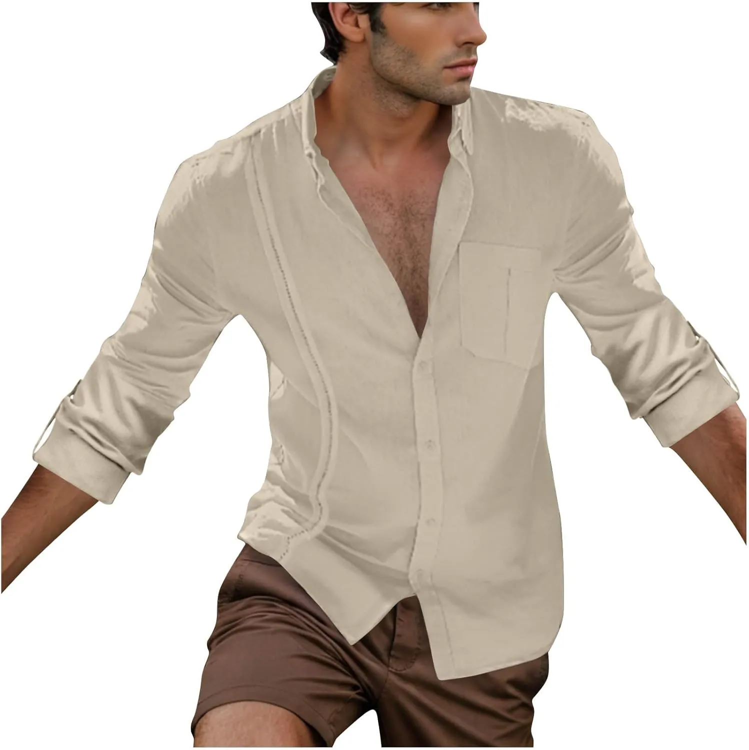 Linen Button Down Shirt Men Long Sleeve Solid Cotton Beach Tees with Pocket Loose Comfy Basic Summer Dress Shirts