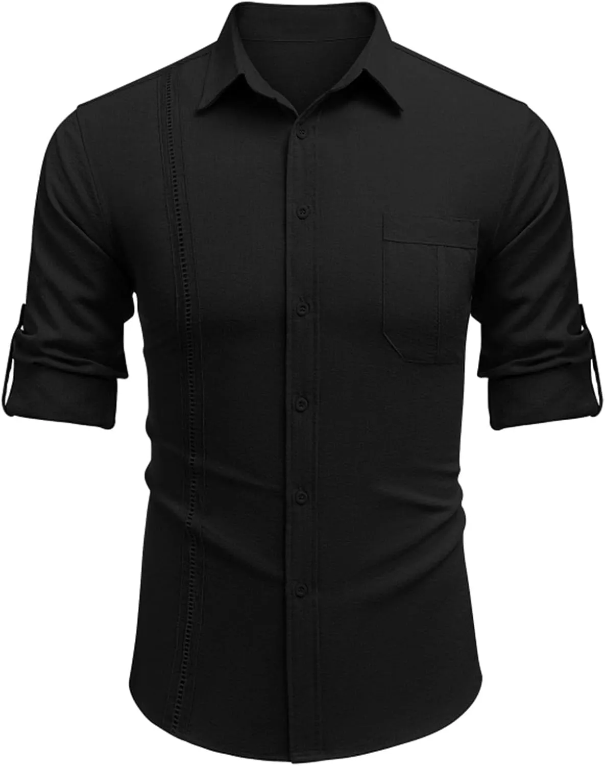 Linen Button Down Shirt Men Long Sleeve Solid Cotton Beach Tees with Pocket Loose Comfy Basic Summer Dress Shirts