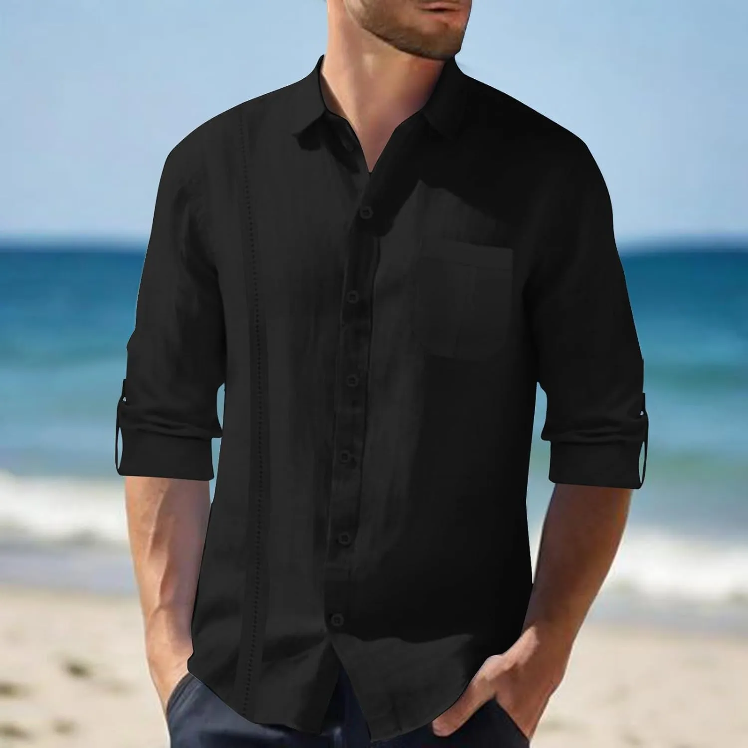 Linen Button Down Shirt Men Long Sleeve Solid Cotton Beach Tees with Pocket Loose Comfy Basic Summer Dress Shirts
