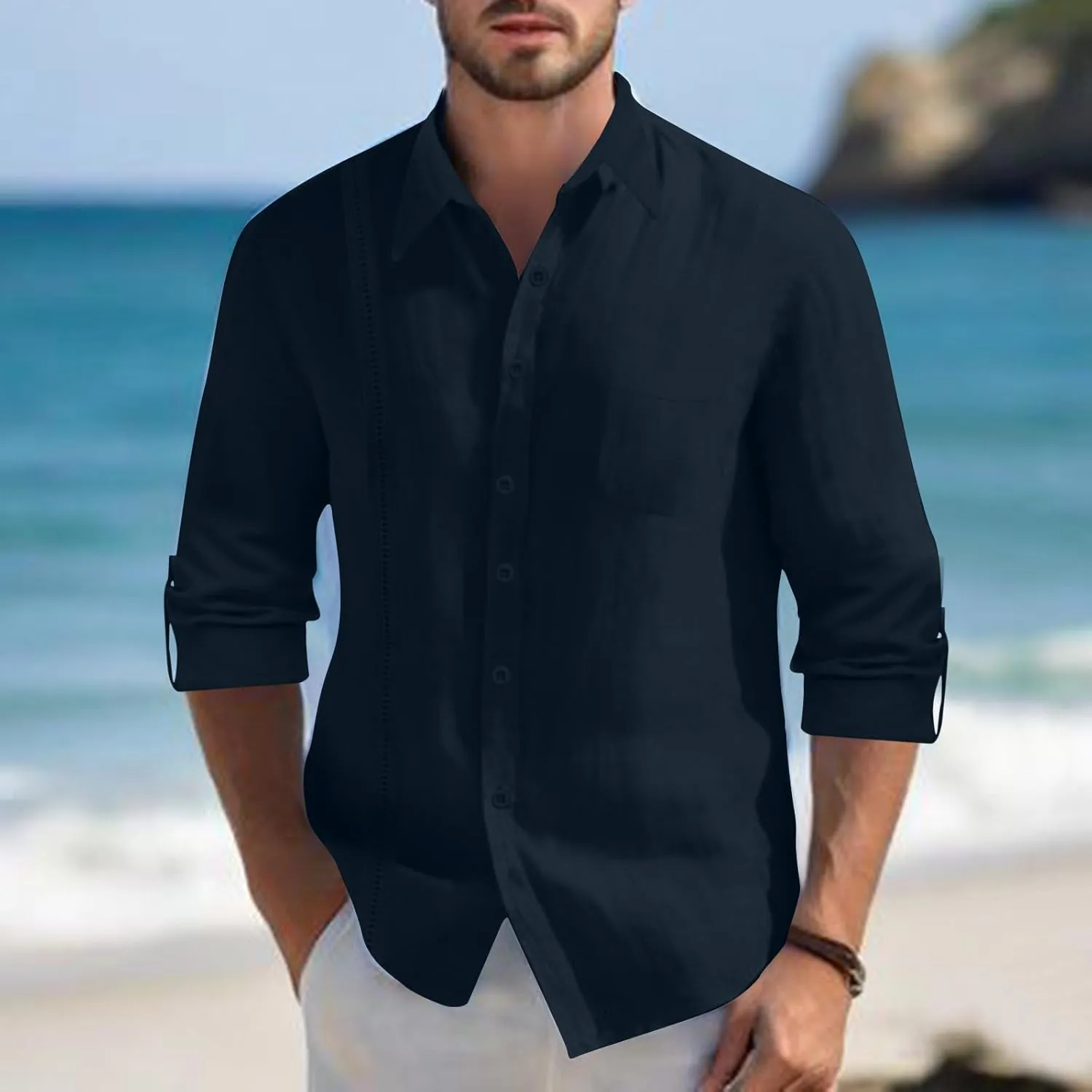 Linen Button Down Shirt Men Long Sleeve Solid Cotton Beach Tees with Pocket Loose Comfy Basic Summer Dress Shirts