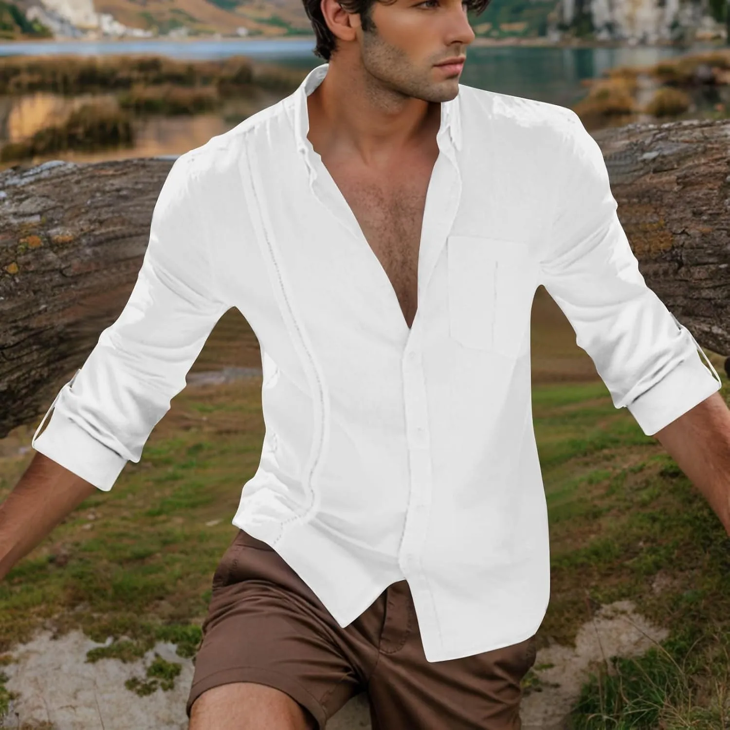 Linen Button Down Shirt Men Long Sleeve Solid Cotton Beach Tees with Pocket Loose Comfy Basic Summer Dress Shirts