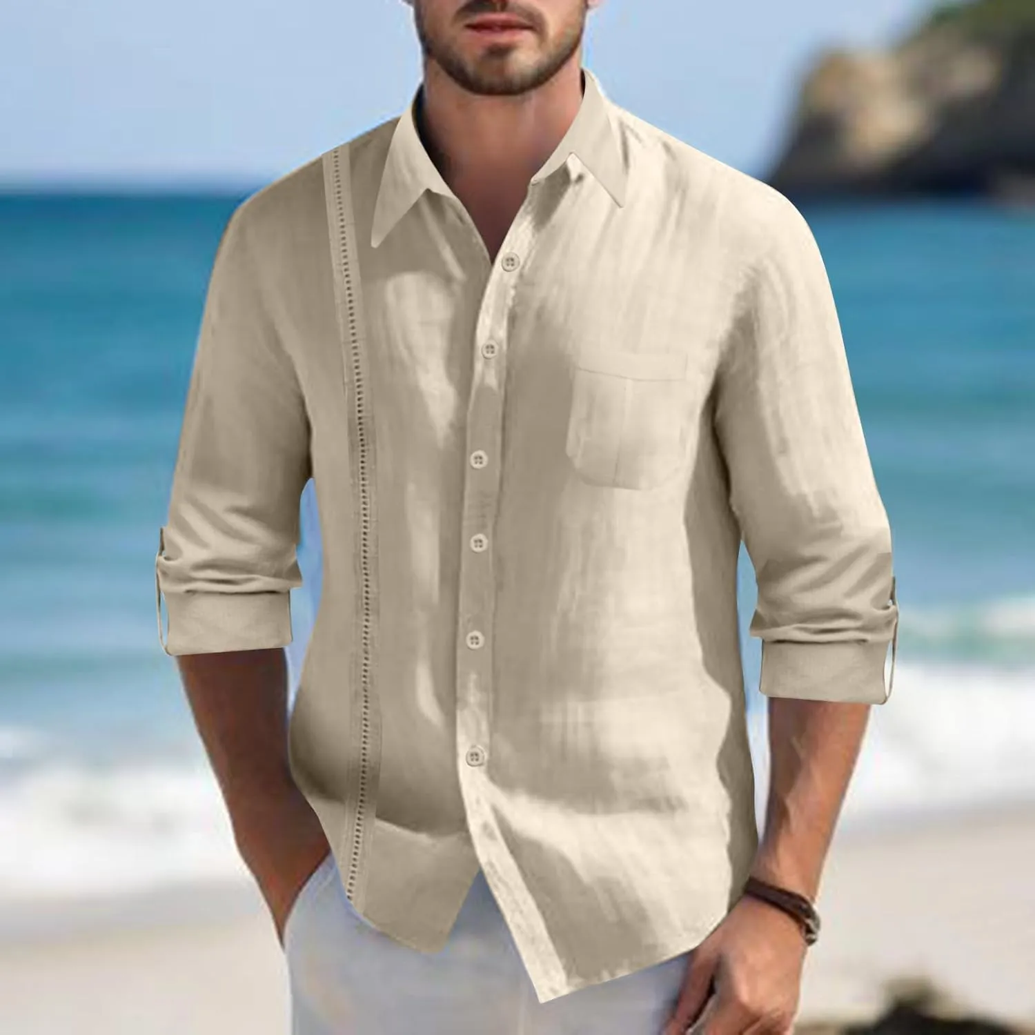 Linen Button Down Shirt Men Long Sleeve Solid Cotton Beach Tees with Pocket Loose Comfy Basic Summer Dress Shirts