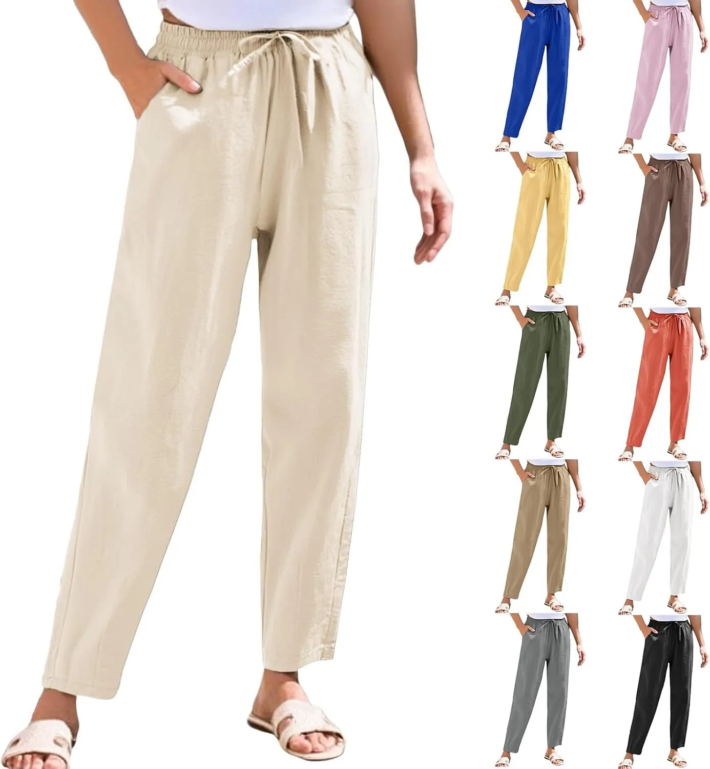 Linen Pants Women Summer Casual Straight Leg Elastic Drawstring Beach Trousers Plus Size Baggy Lounge Vacation Pant