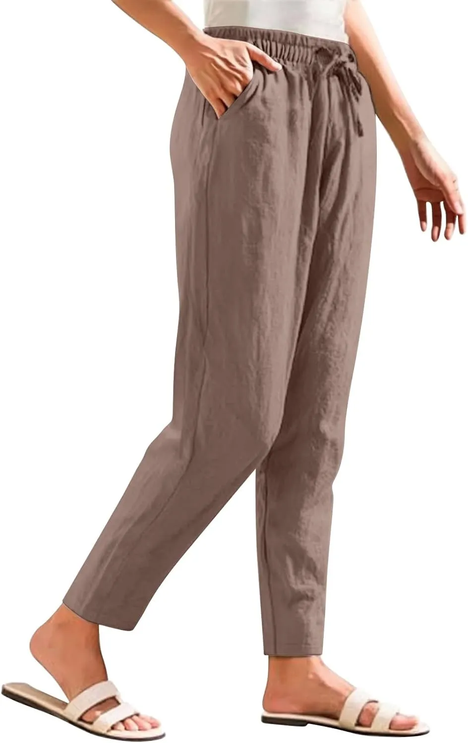 Linen Pants Women Summer Casual Straight Leg Elastic Drawstring Beach Trousers Plus Size Baggy Lounge Vacation Pant