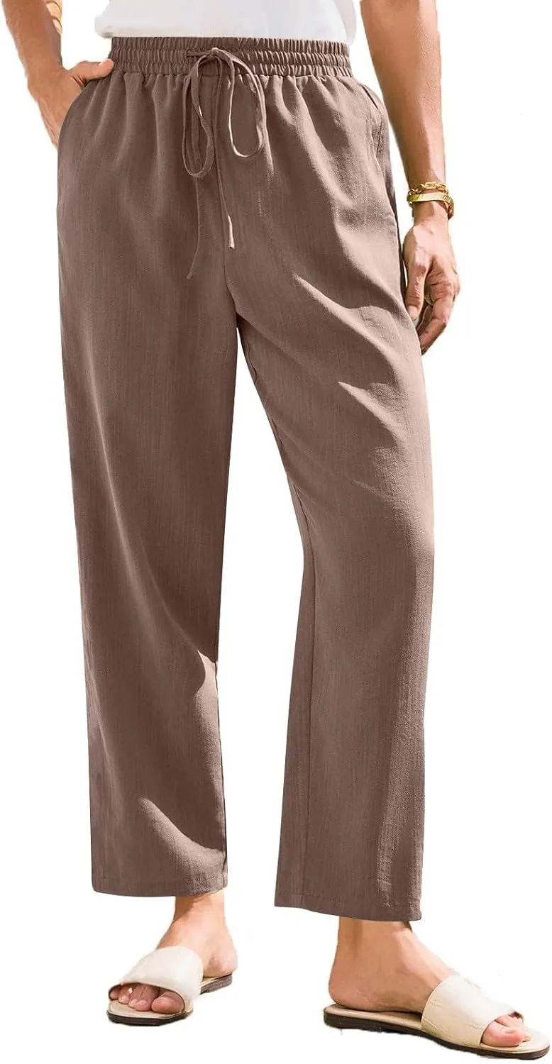 Linen Pants Women Summer Casual Straight Leg Elastic Drawstring Beach Trousers Plus Size Baggy Lounge Vacation Pant