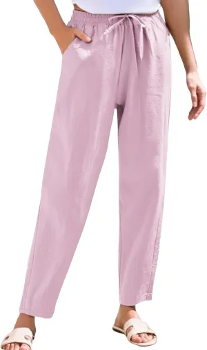 Linen Pants Women Summer Casual Straight Leg Elastic Drawstring Beach Trousers Plus Size Baggy Lounge Vacation Pant