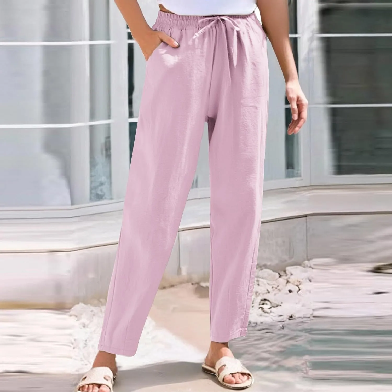 Linen Pants Women Summer Casual Straight Leg Elastic Drawstring Beach Trousers Plus Size Baggy Lounge Vacation Pant