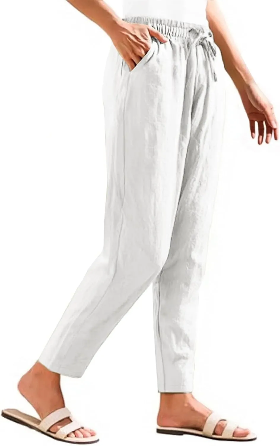Linen Pants Women Summer Casual Straight Leg Elastic Drawstring Beach Trousers Plus Size Baggy Lounge Vacation Pant