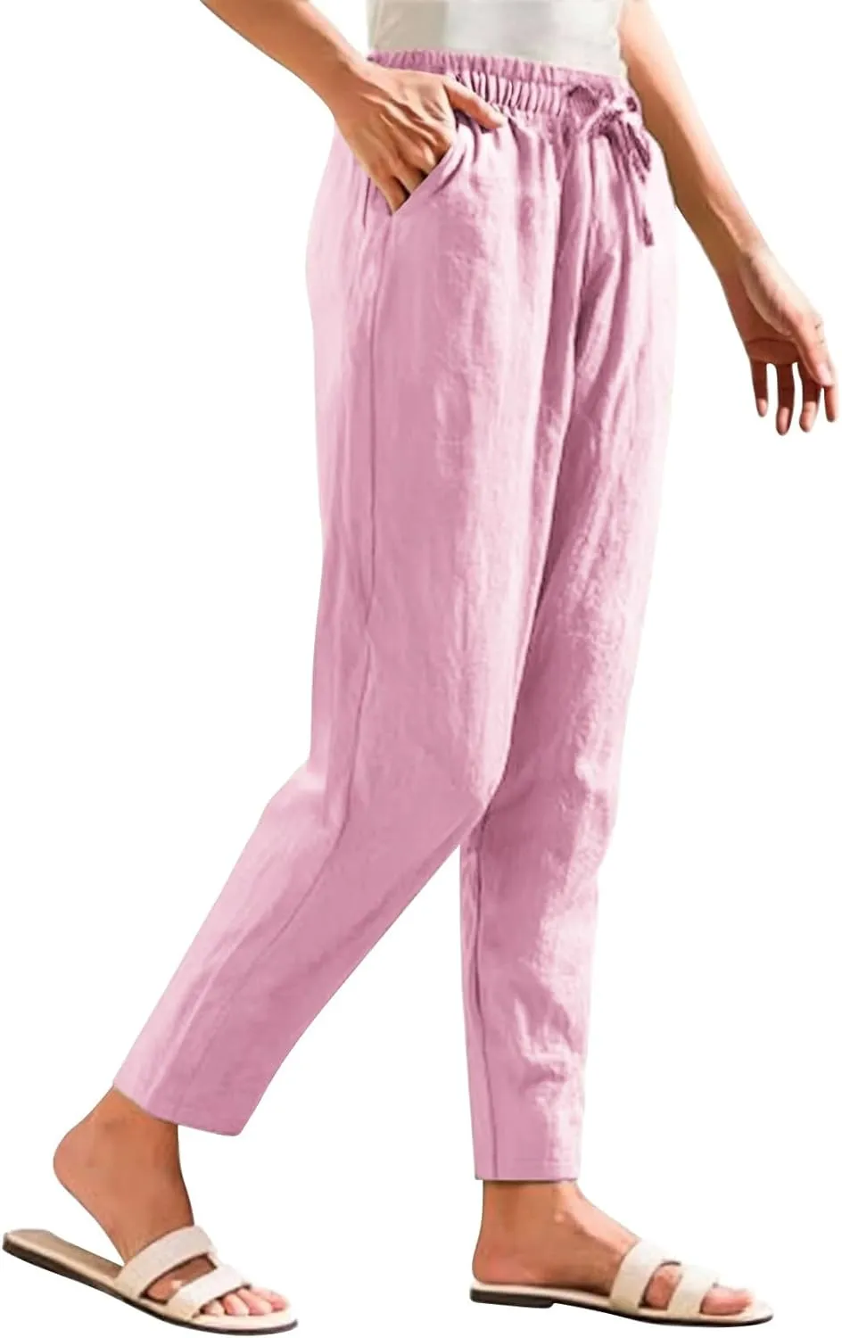 Linen Pants Women Summer Casual Straight Leg Elastic Drawstring Beach Trousers Plus Size Baggy Lounge Vacation Pant