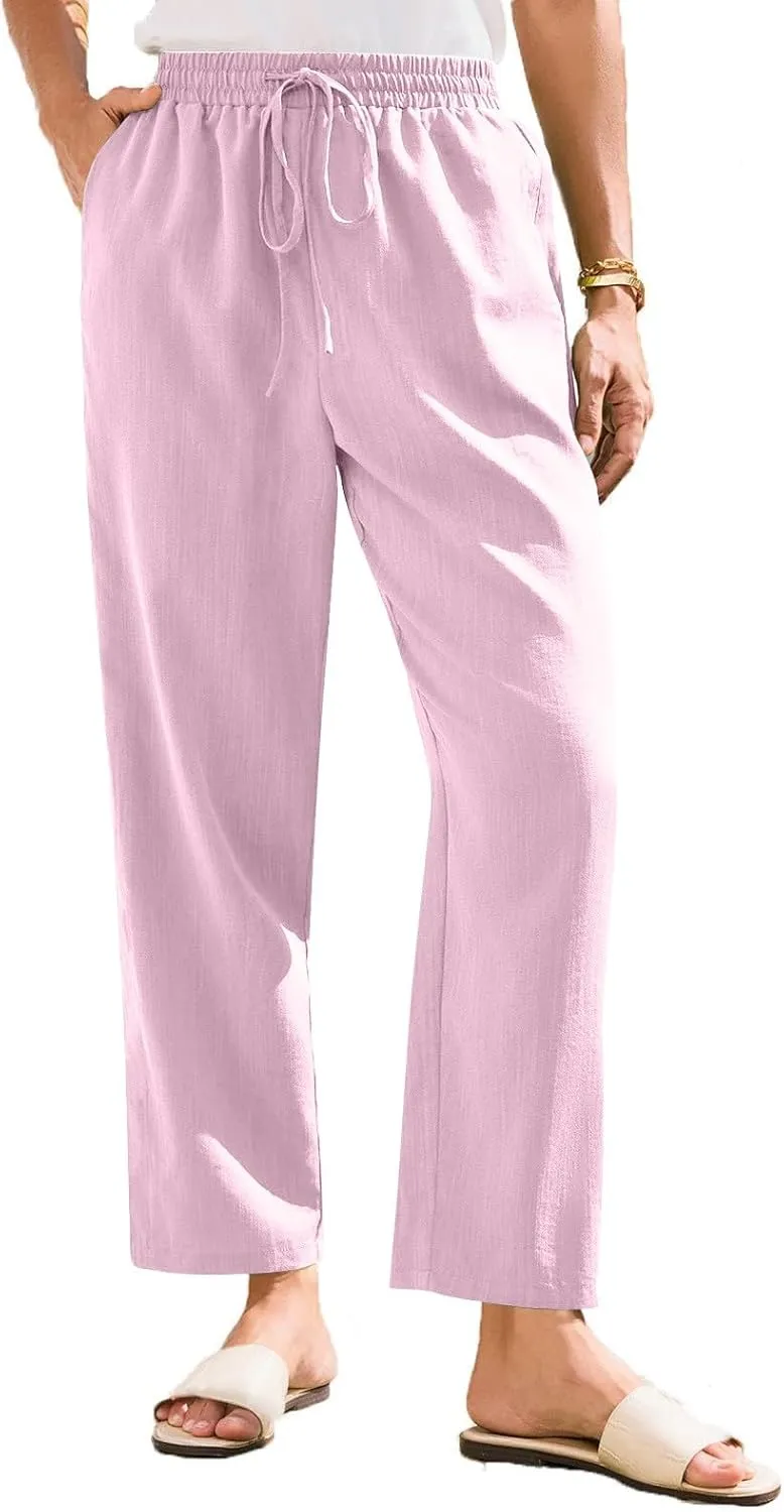 Linen Pants Women Summer Casual Straight Leg Elastic Drawstring Beach Trousers Plus Size Baggy Lounge Vacation Pant