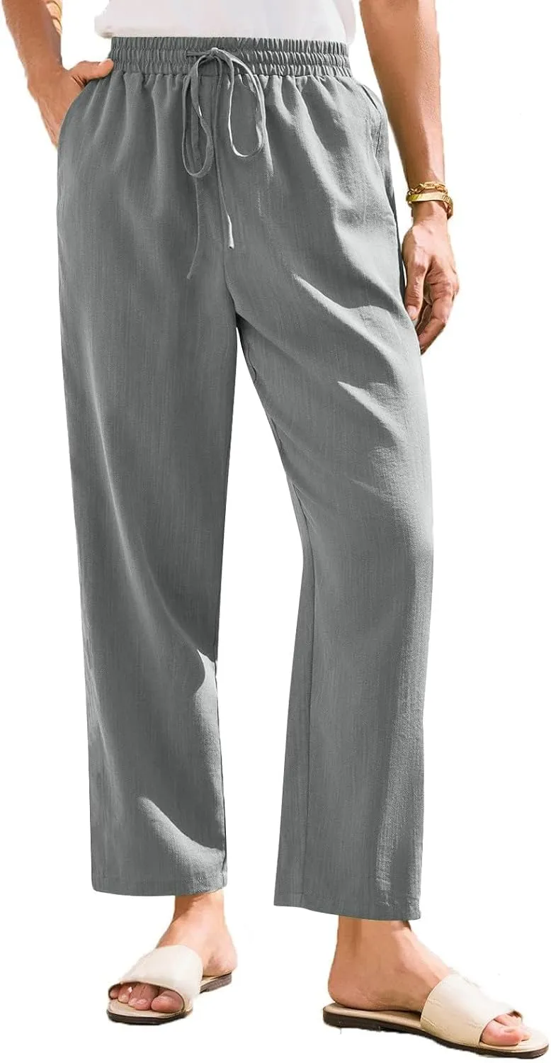 Linen Pants Women Summer Casual Straight Leg Elastic Drawstring Beach Trousers Plus Size Baggy Lounge Vacation Pant