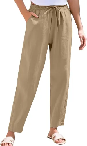 Linen Pants Women Summer Casual Straight Leg Elastic Drawstring Beach Trousers Plus Size Baggy Lounge Vacation Pant