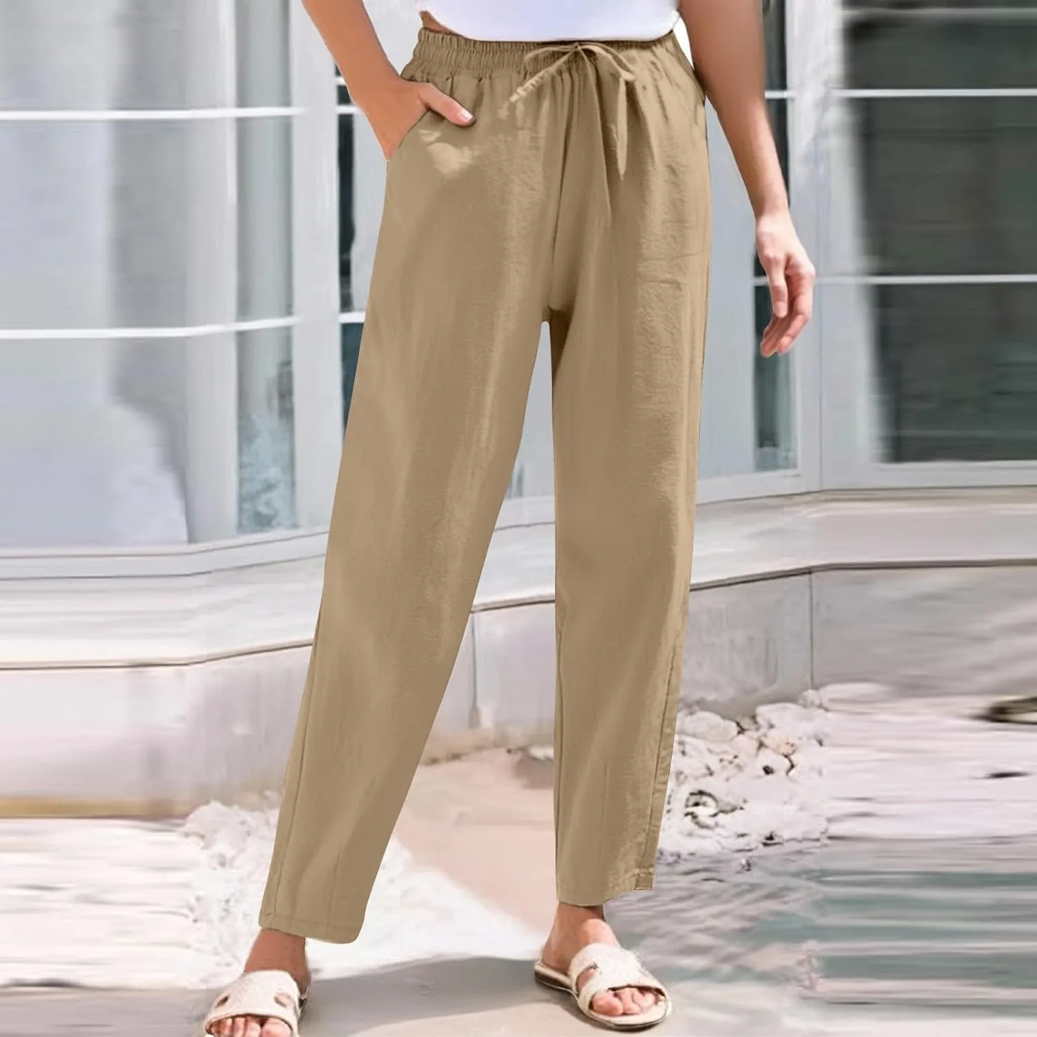 Linen Pants Women Summer Casual Straight Leg Elastic Drawstring Beach Trousers Plus Size Baggy Lounge Vacation Pant