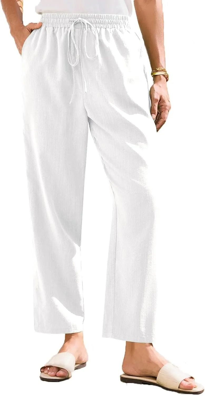 Linen Pants Women Summer Casual Straight Leg Elastic Drawstring Beach Trousers Plus Size Baggy Lounge Vacation Pant