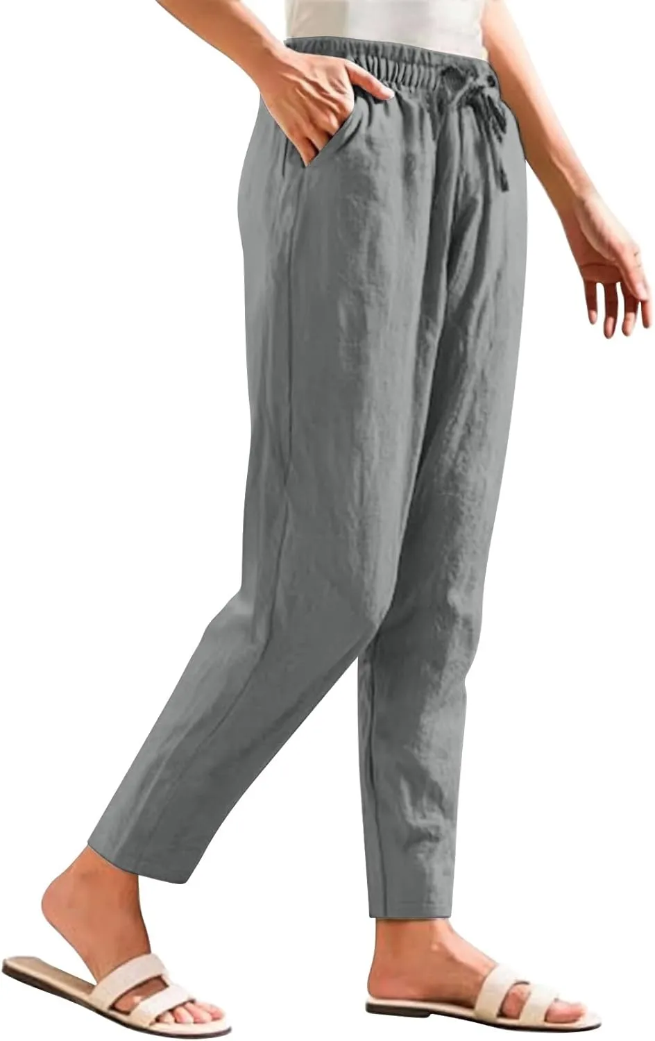 Linen Pants Women Summer Casual Straight Leg Elastic Drawstring Beach Trousers Plus Size Baggy Lounge Vacation Pant