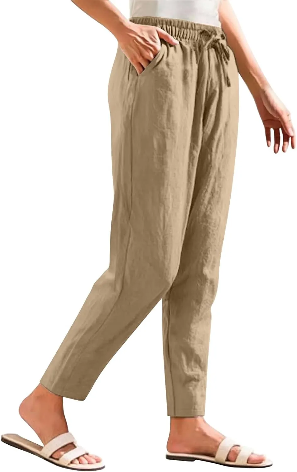 Linen Pants Women Summer Casual Straight Leg Elastic Drawstring Beach Trousers Plus Size Baggy Lounge Vacation Pant