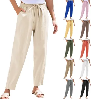 Linen Pants Women Summer Casual Straight Leg Elastic Drawstring Beach Trousers Plus Size Baggy Lounge Vacation Pant
