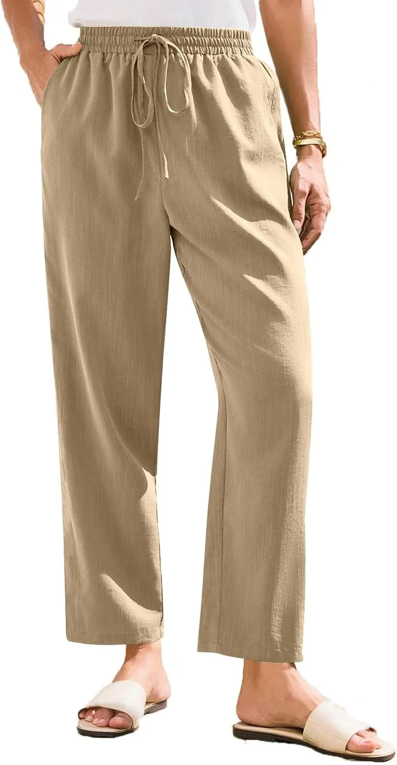 Linen Pants Women Summer Casual Straight Leg Elastic Drawstring Beach Trousers Plus Size Baggy Lounge Vacation Pant