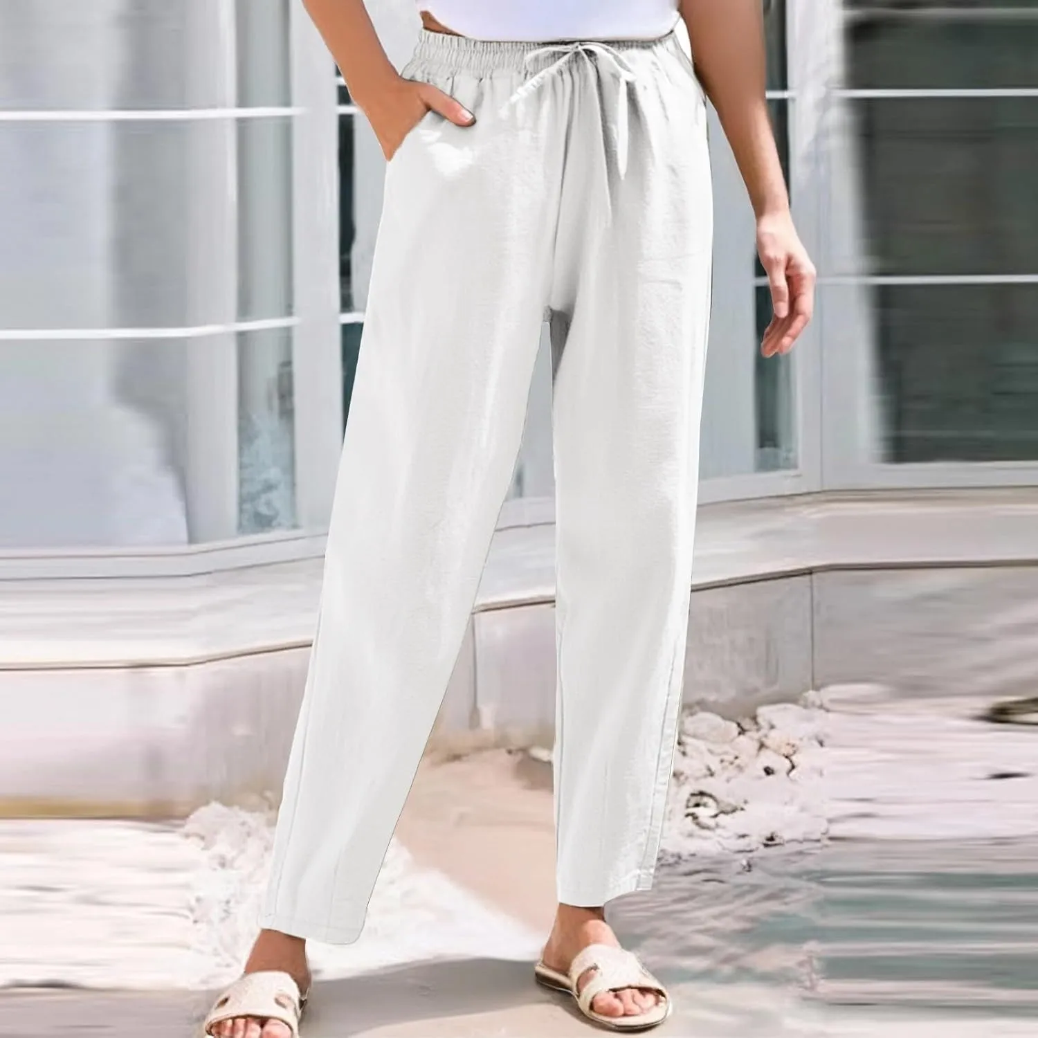 Linen Pants Women Summer Casual Straight Leg Elastic Drawstring Beach Trousers Plus Size Baggy Lounge Vacation Pant