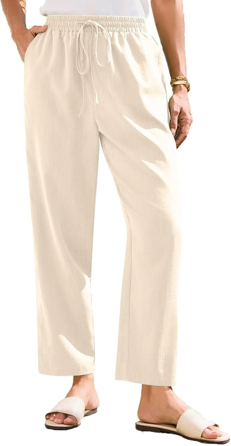 Linen Pants Women Summer Casual Straight Leg Elastic Drawstring Beach Trousers Plus Size Baggy Lounge Vacation Pant