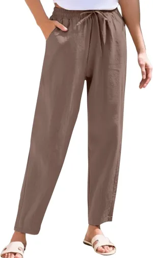 Linen Pants Women Summer Casual Straight Leg Elastic Drawstring Beach Trousers Plus Size Baggy Lounge Vacation Pant