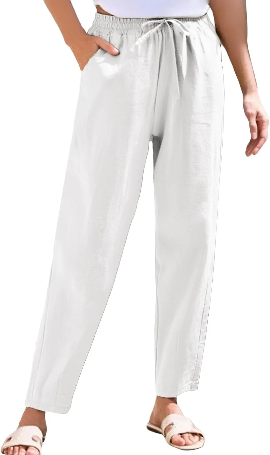 Linen Pants Women Summer Casual Straight Leg Elastic Drawstring Beach Trousers Plus Size Baggy Lounge Vacation Pant
