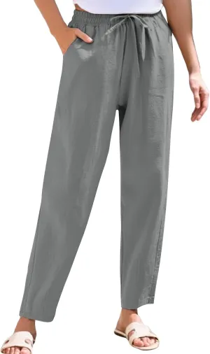 Linen Pants Women Summer Casual Straight Leg Elastic Drawstring Beach Trousers Plus Size Baggy Lounge Vacation Pant