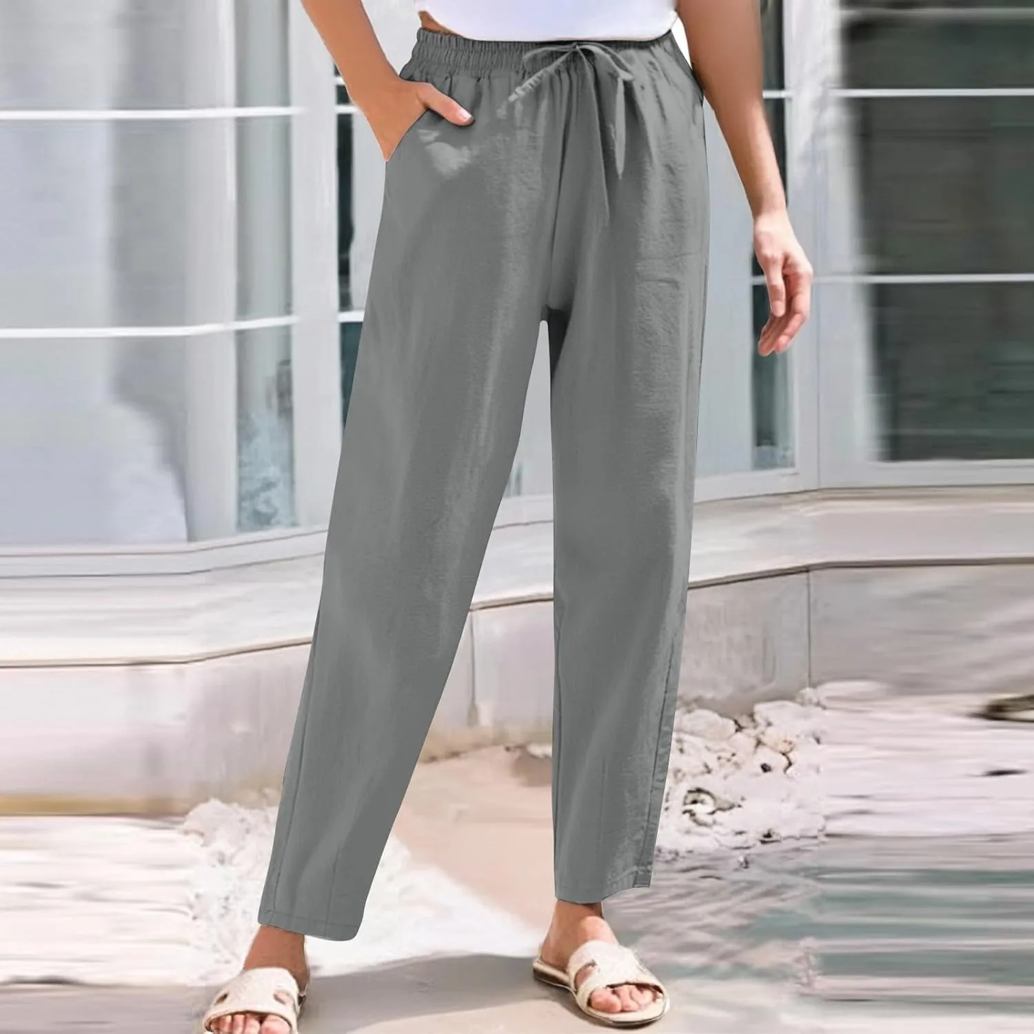 Linen Pants Women Summer Casual Straight Leg Elastic Drawstring Beach Trousers Plus Size Baggy Lounge Vacation Pant
