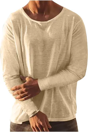 Linen Shirts for Men Long Sleeve Solid Lightweight Crew Neck Casual Shirts Summer Fashion Beach Pullover Tops