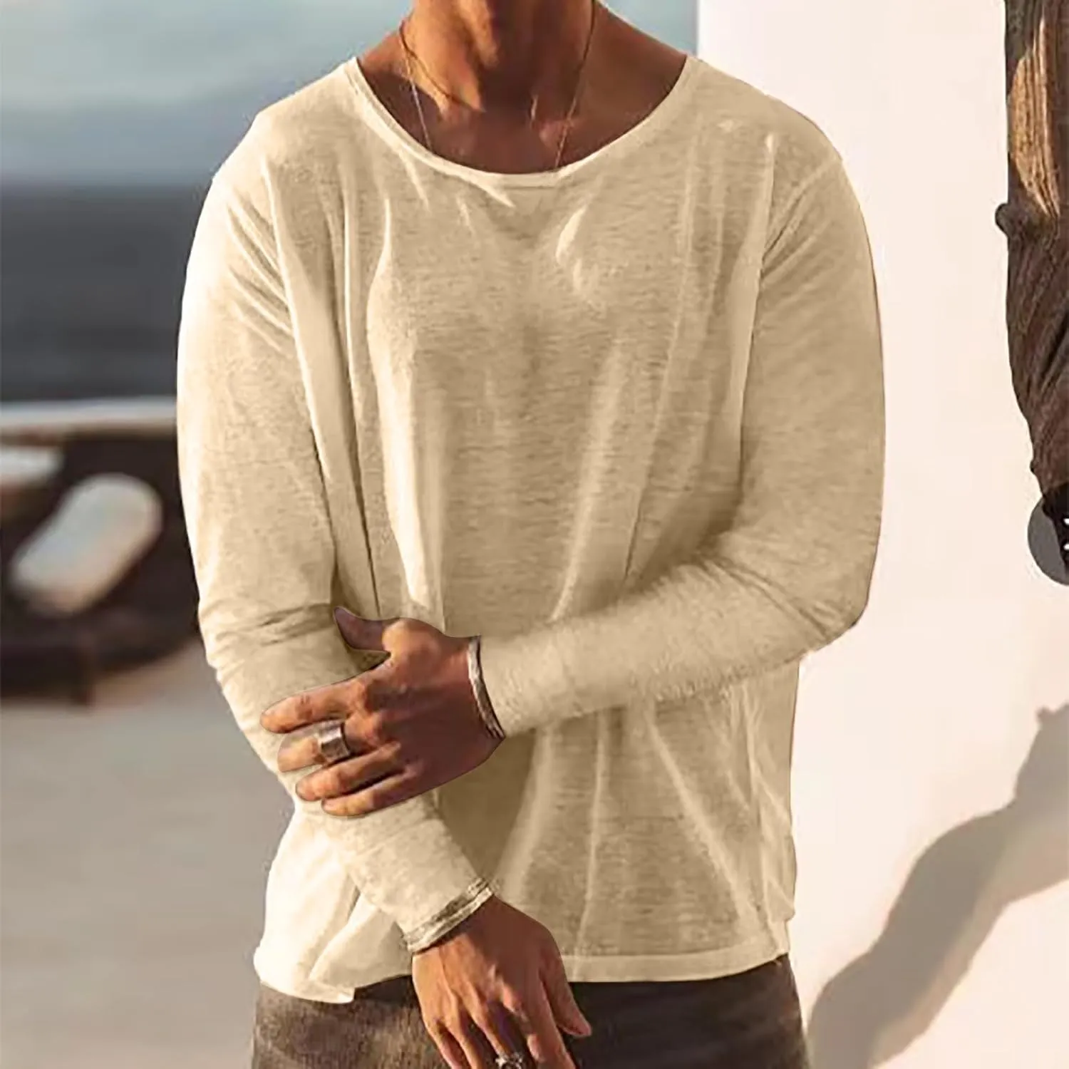 Linen Shirts for Men Long Sleeve Solid Lightweight Crew Neck Casual Shirts Summer Fashion Beach Pullover Tops