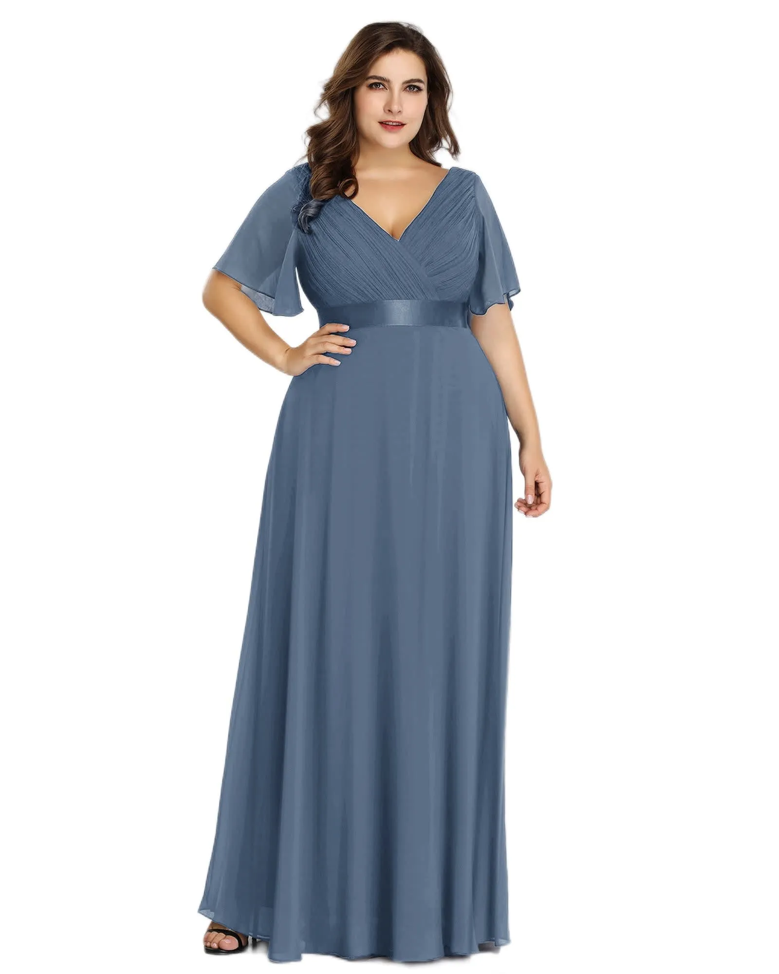 Long Chiffon Empire Waist Bridesmaid Dress with Short Flutter Sleeves | Dusty Navy