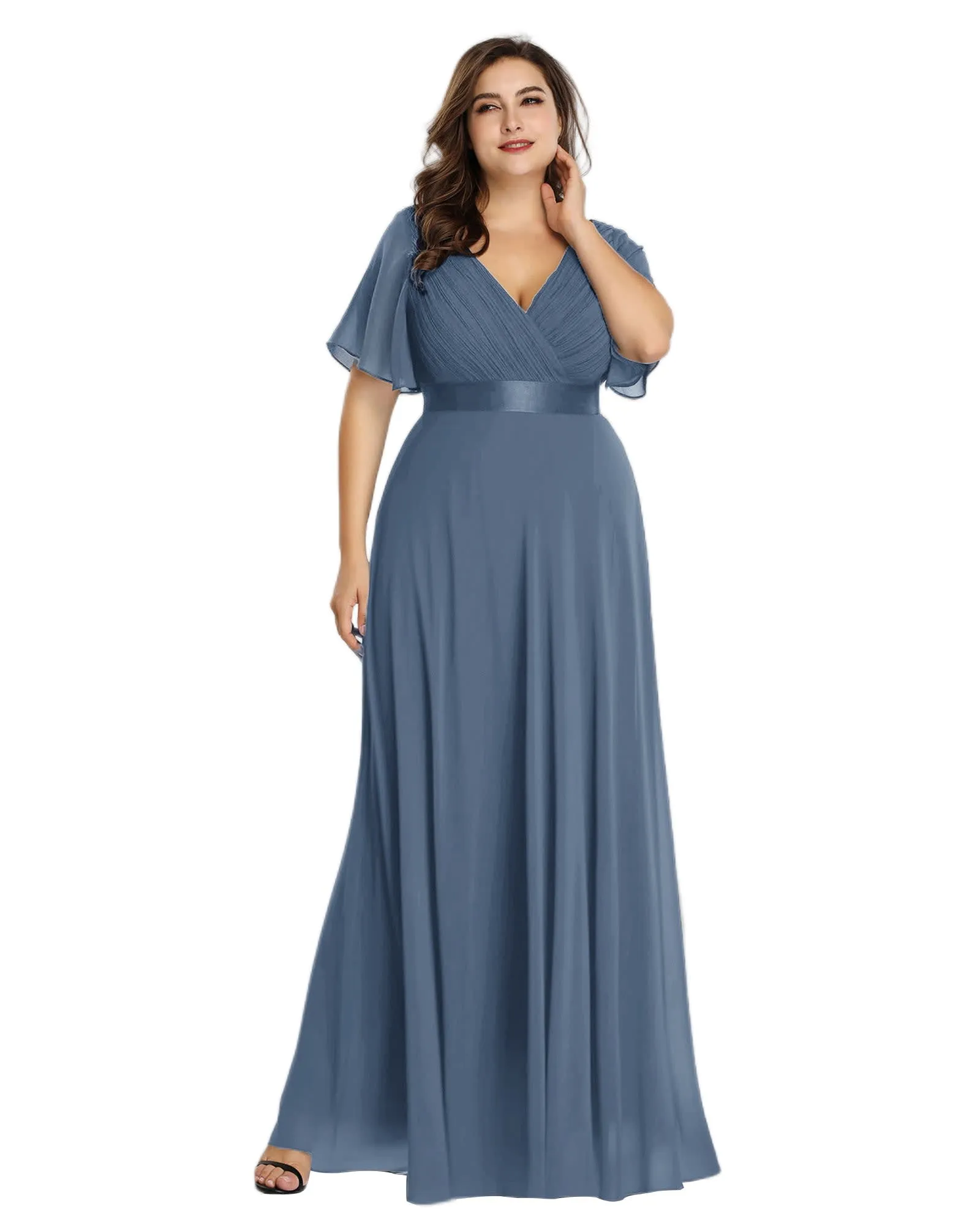 Long Chiffon Empire Waist Bridesmaid Dress with Short Flutter Sleeves | Dusty Navy