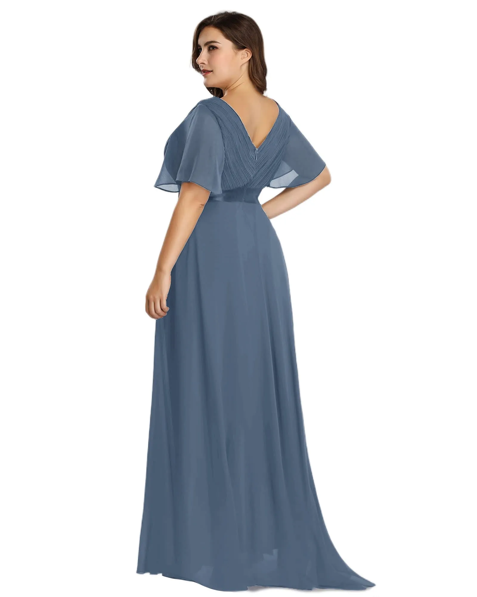 Long Chiffon Empire Waist Bridesmaid Dress with Short Flutter Sleeves | Dusty Navy