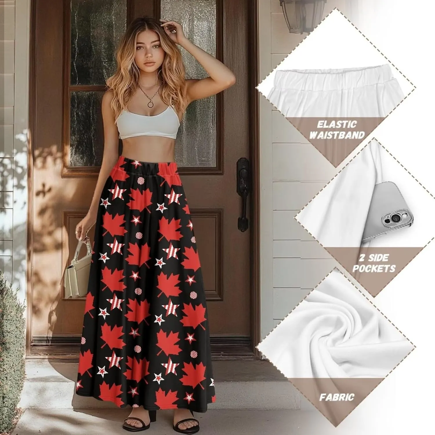 Long Maxi Skirts for Women High Waisted Ruched Skirts with Pockets Breathable Boho Clothes for Ladies S-2XL