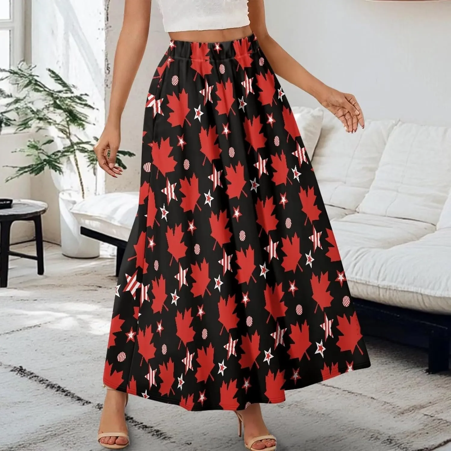 Long Maxi Skirts for Women High Waisted Ruched Skirts with Pockets Breathable Boho Clothes for Ladies S-2XL