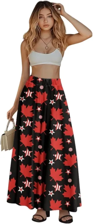 Long Maxi Skirts for Women High Waisted Ruched Skirts with Pockets Breathable Boho Clothes for Ladies S-2XL