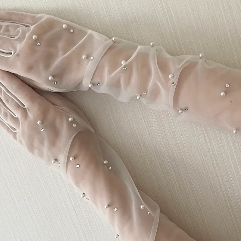 Long Sheer White Gloves with Pearl Accents