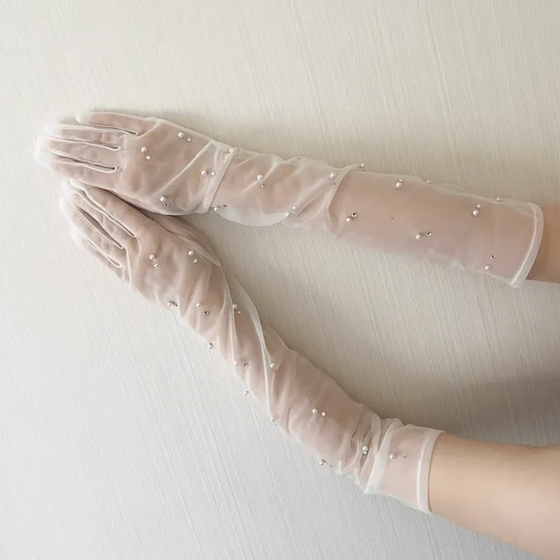Long Sheer White Gloves with Pearl Accents
