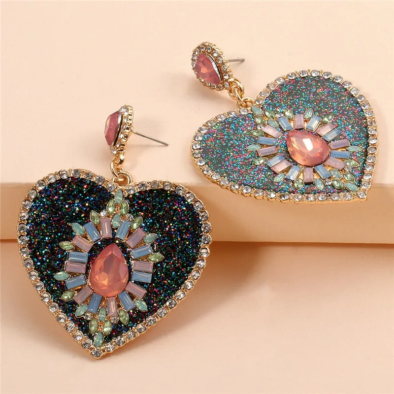 Luxury Crystal Love Heart Earrings For Women Shiny Rhinestone Dangle Drop Earring
