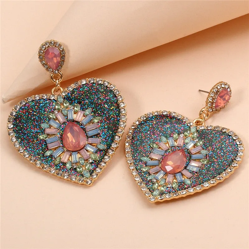 Luxury Crystal Love Heart Earrings For Women Shiny Rhinestone Dangle Drop Earring