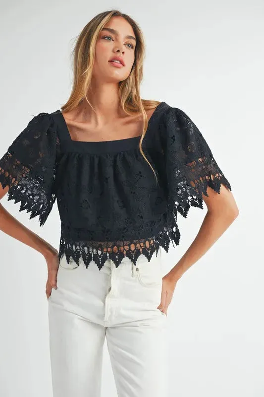 MABLE Square Neck Crochet Lace Top With Double Bow Tie