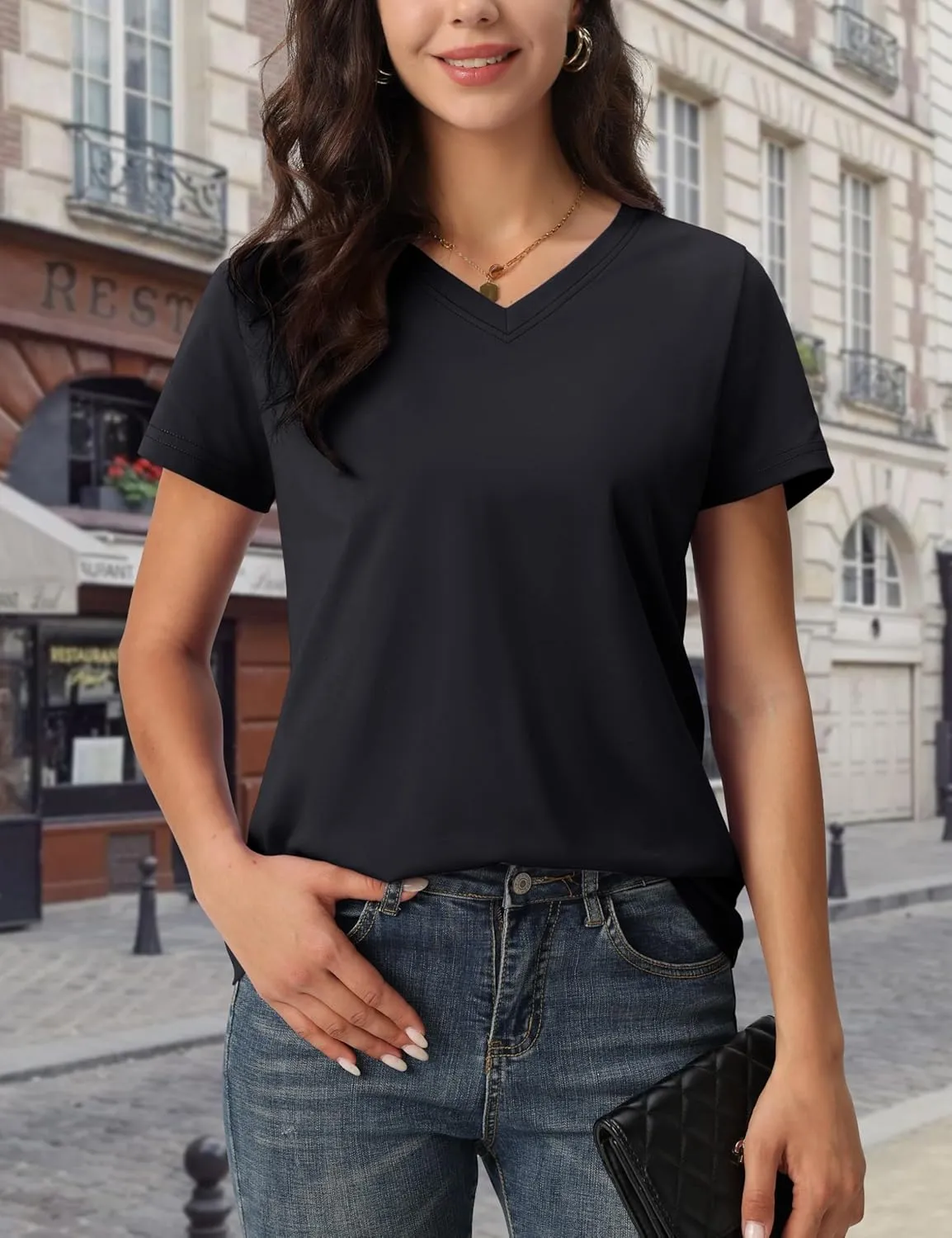 MAGCOMSEN Women's Cotton T Shirt V-Neck Short Sleeve Shirt Classic-Fit Casual Breathable Tee Summer Basic Tops