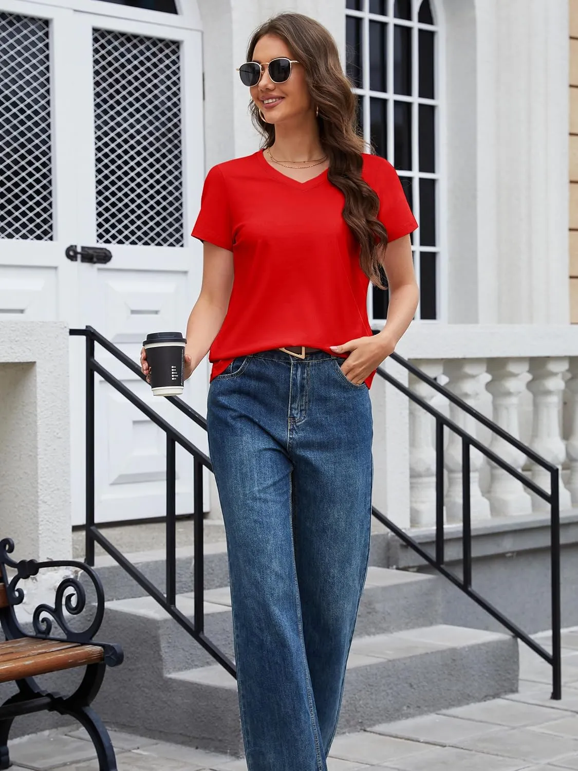 MAGCOMSEN Women's Cotton T Shirt V-Neck Short Sleeve Shirt Classic-Fit Casual Breathable Tee Summer Basic Tops