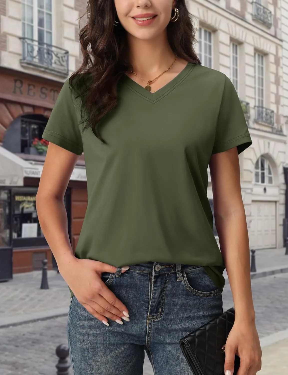 MAGCOMSEN Women's Cotton T Shirt V-Neck Short Sleeve Shirt Classic-Fit Casual Breathable Tee Summer Basic Tops