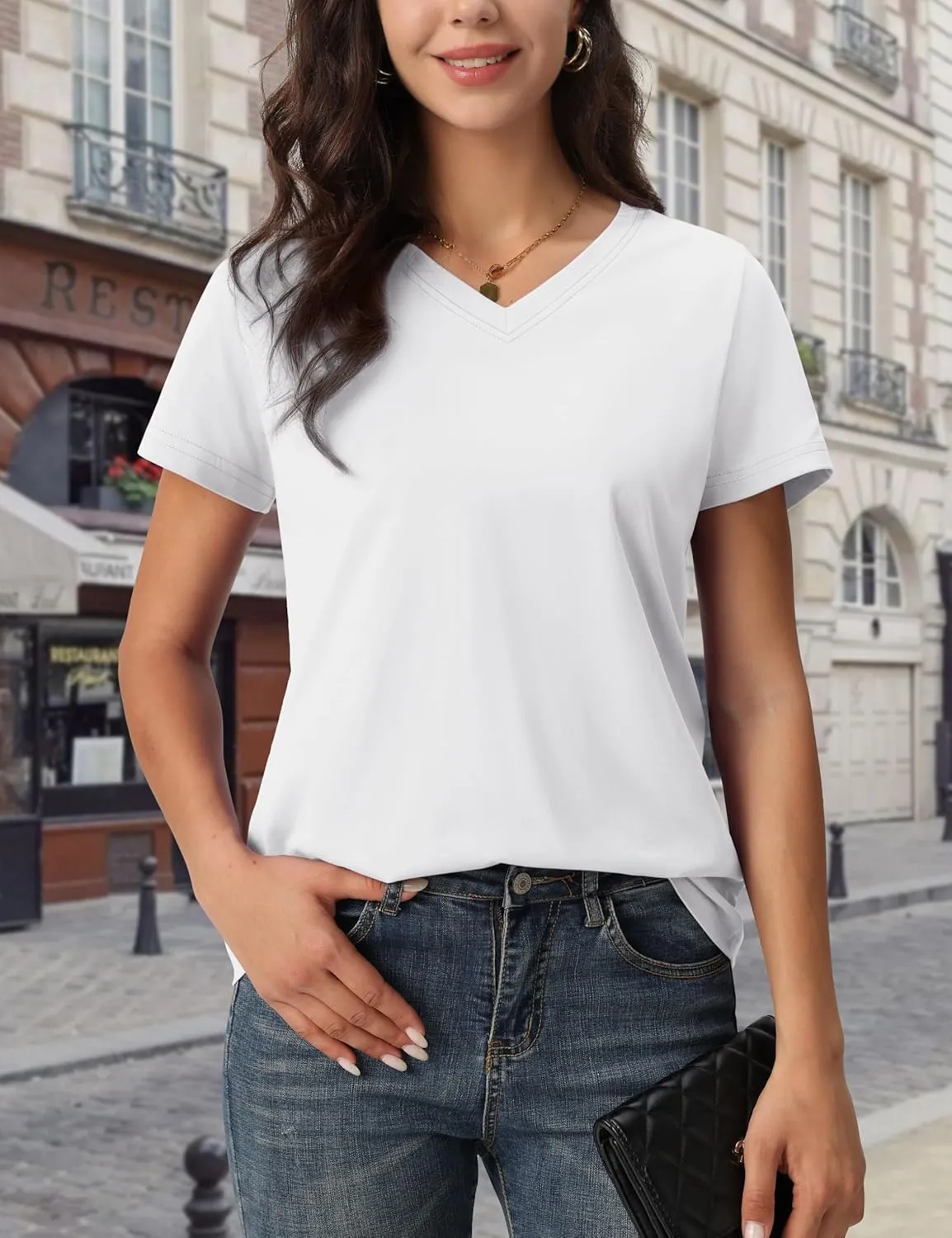 MAGCOMSEN Women's Cotton T Shirt V-Neck Short Sleeve Shirt Classic-Fit Casual Breathable Tee Summer Basic Tops