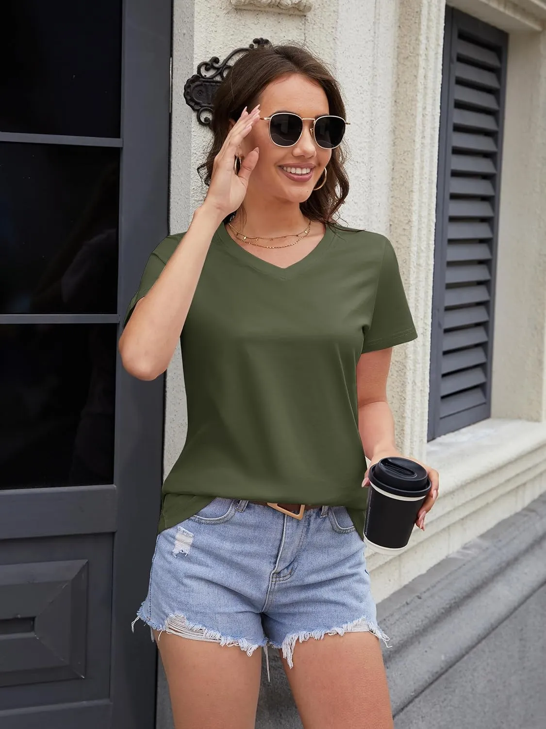 MAGCOMSEN Women's Cotton T Shirt V-Neck Short Sleeve Shirt Classic-Fit Casual Breathable Tee Summer Basic Tops