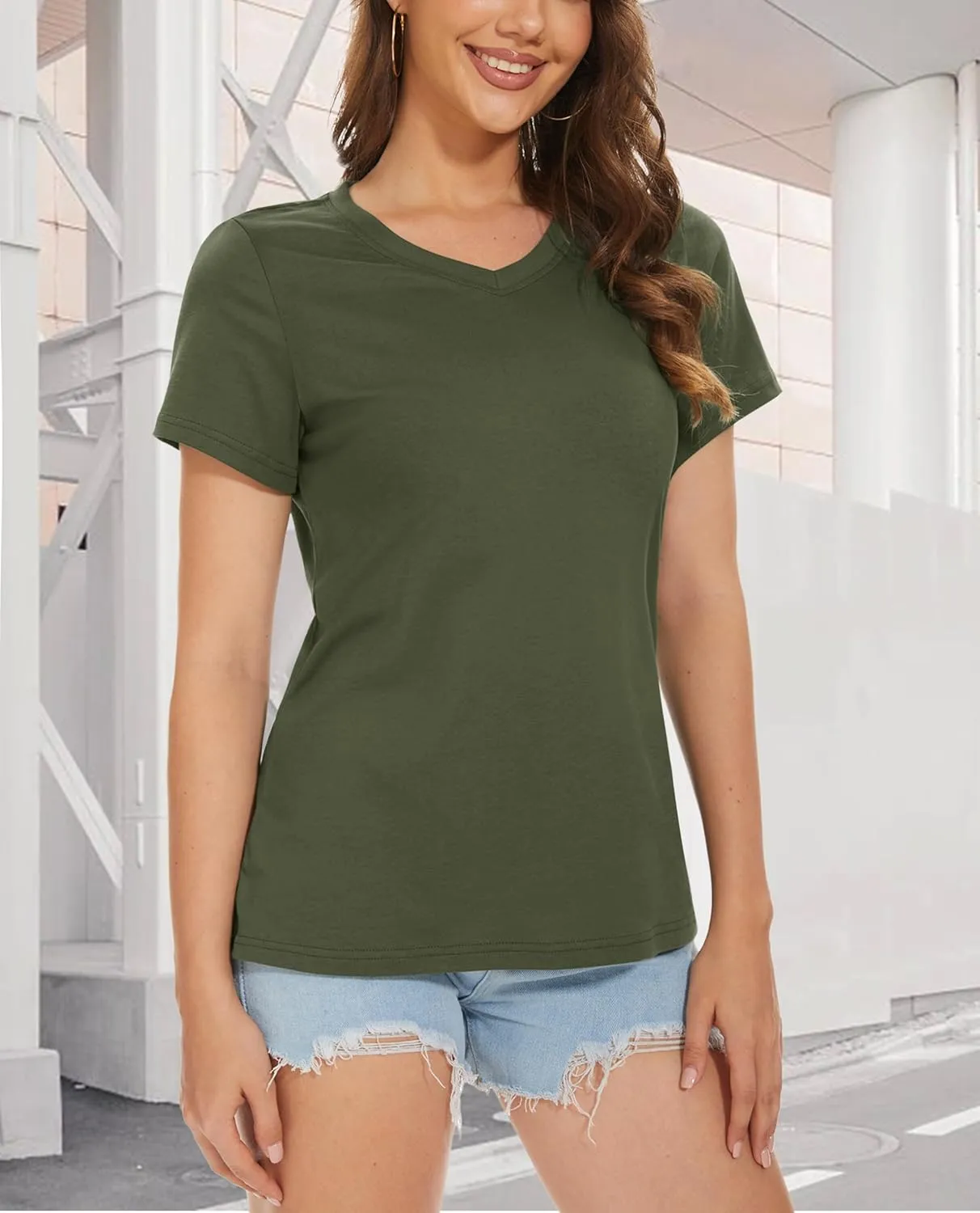 MAGCOMSEN Women's Cotton T Shirt V-Neck Short Sleeve Shirt Classic-Fit Casual Breathable Tee Summer Basic Tops